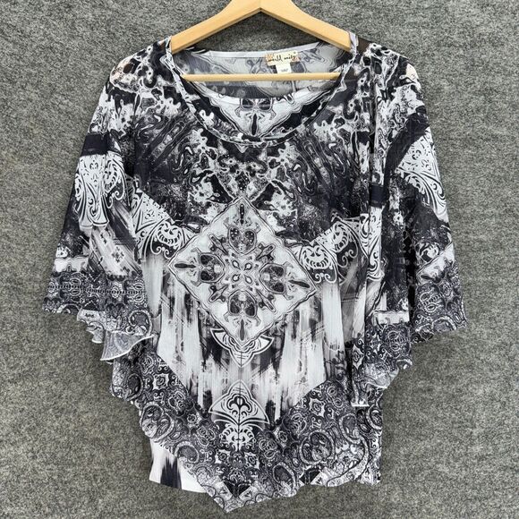 World Unity Blouse Women M Medium Black Geometric 3/4 Sleeve Round Neck Lined - Picture 1 of 9